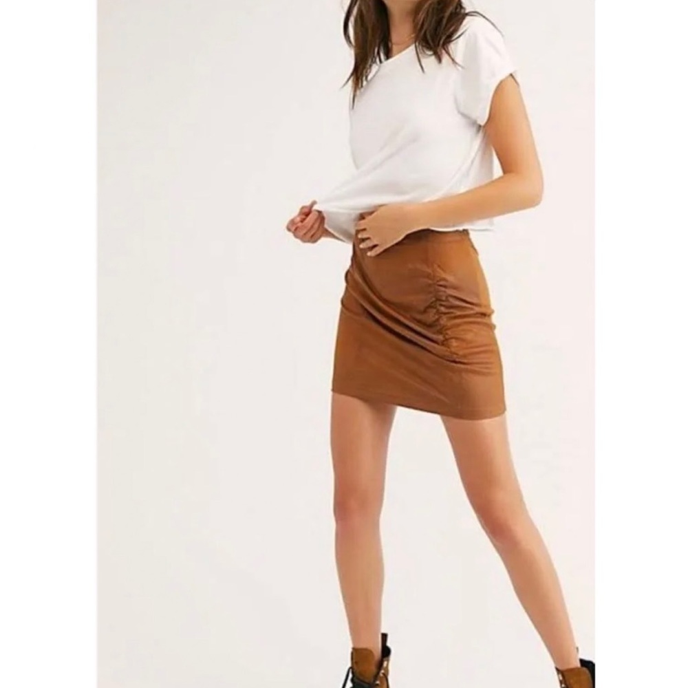 Free People Rumi Ruched Faux Leather Mini Skirt in Camel